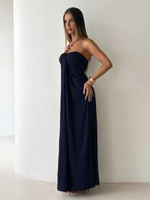 Aloruh Women's Ruched Halter Neck Casual Party Long Dress,Dresses For Women Summer - Navy Blue - View 5