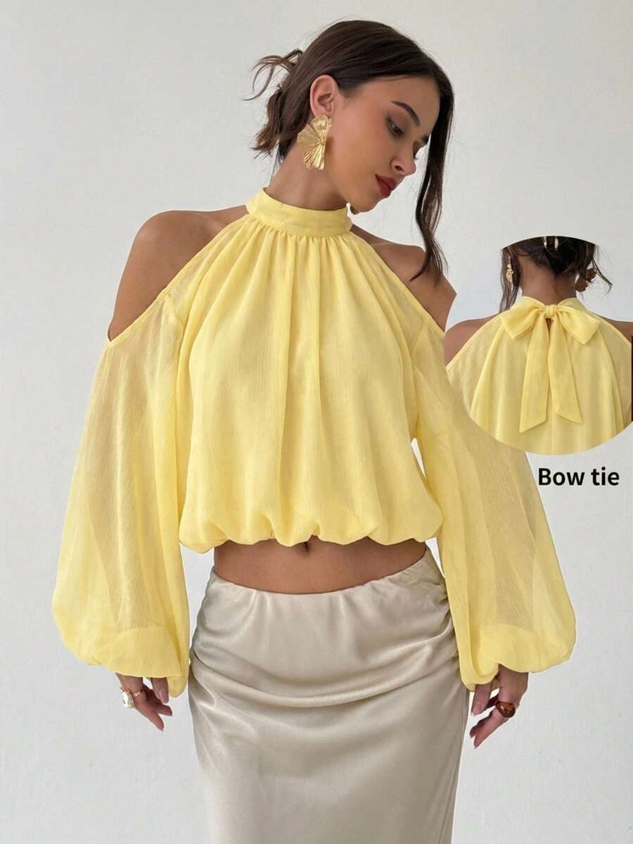 Aloruh Top corto de hombros descubiertos de unicolor elegante - Amarillo - Ver 1