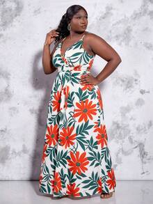 CurvyTilda Vestido sin mangas con estampado de plantas tropicales para mujer de talla grande, para vacaciones y fiestas, para figura de reloj de arena - Multicolor - Ver 3