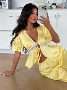Livesso Women's Comfortable Casual Satin & Lace Patchwork Tie Cuff Blouse And Loose Pants Pajama Set Summer - Yellow - View 9