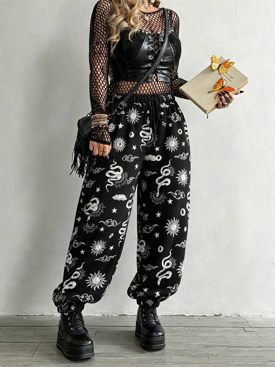 Whyspr Plus Size Dark Style Patchwork Print Loose Pants Fall - Black - View 1