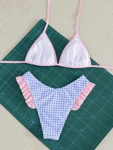 Swim Mod Spring/Summer New Blue & White Plaid Pink Trim Halter Bikini Set, Ruffle Two Pieces Swimwear For Girls - Multicolor - View 2