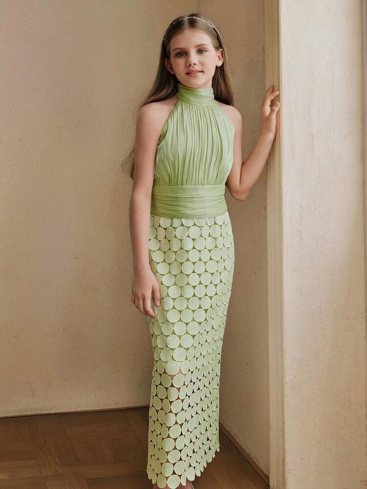 Anewsta Spring/Summer New Arrival Girls Sleeveless Woven Dress With Shiny Fabric Skirt, Lace Patchwork And Tassel Trim, Straight Silhouette