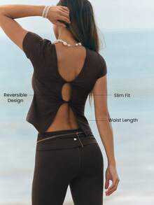 GLOWMODE CloudKnit DuoFlow Slim Fit Waist Length Soft Stretchy Reversible Ribbed Flutter Sleeve Cutout Design Front Back Wear Top Summer Daily Casual Wear - Chocolate Brown - View 2