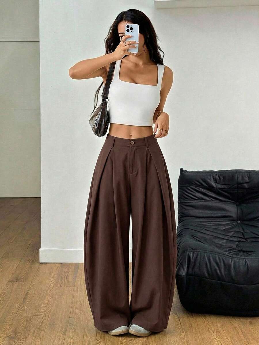 SHEIN PETITE Quần dài nữ mùa hè kiểu vintage năng động, phong cách đường phố, dáng rộng, màu xanh quân đội, ống loe, gấu quần cong.