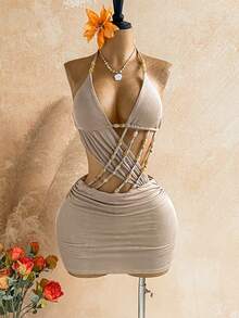Soleia Women's Spring/Summer Printed Mesh Beaded Backless Mini Dress, Perfect For Beach Vacation Vacation And Pool Party. Travel Taupe Tropical - Grey - View 6