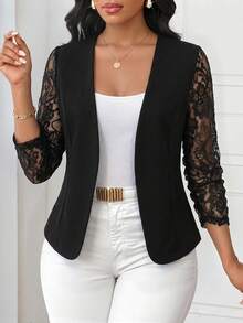 SHEIN Lady Áo khoác cardigan nữ phối ren, kiểu dáng thường ngày, đa năng, nhẹ nhàng. - màu đen - Xem 5
