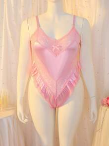 SHEIN Plus Size Satin, Faille, Lace Patchwork Ruffle Trim Deep V Cinched Waist Elegant Romper Lingerie - Pink - View 6