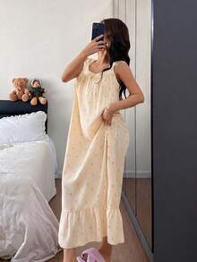 Napfluff Ruffle Hem Striped Bow Print Sleeveless Cute Women Nightgown - Yellow - View 4