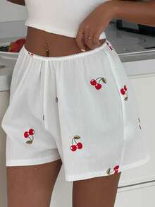 DAZY Women's 100% Cotton Cherry Print Loose Pajama Shorts, Summer - White - View 12