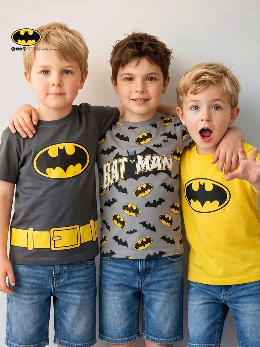 BATMAN X SHEIN Maija Kids 小男孩休閒短袖T恤,適合夏季與學校穿著,適用春季兒童服飾,Squishy 入學季黃色 - 彩色 - 查看 1