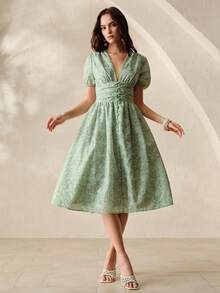 BELROSIE Women's Green Floral Summer Cottage Core Tea Party V-Neck Hollow Embroidery Puff Sleeve Midi Dress,Elegant Vintage Garden Vacation Beach Cardigan - Green - View 3
