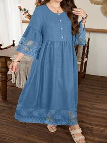 Lacomfia Plus Size Women Vintage Floral Lace Patchwork A-Line Dress Fall - Dusty Blue - View 6