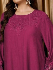 Graceveil Bộ đồ nữ cổ tròn tay dài áo dài và quần ống đứng phối ren chắp vá rộng rãi thoải mái cao cấp cỡ lớn - Màu Hồng Tươi - Xem 5