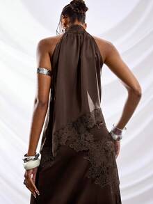 LYSMO Camisola casual minimalista com bainha assimétrica e detalhes em renda, modelo 2026. Ideal para o dia a dia e para férias. - Castanho Café - Ver 2