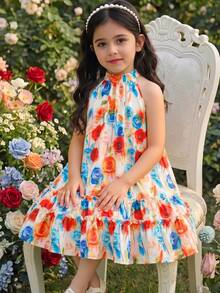 SHEIN Đầm dự tiệc thường ngày in hoa cho bé gái, cổ bèo nhún. - Nhiều màu - Xem 4