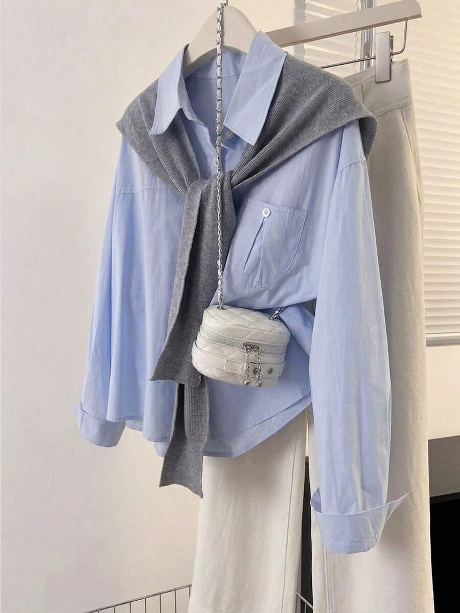 Comfortcana Bộ đồ nữ xuân hè 2 món thanh lịch gồm áo sơ mi dài tay cài cúc cổ bẻ và áo choàng len, kiểu dáng choàng vai, thoáng khí, thích hợp cho công sở, đi làm và mặc hàng ngày. - Màu xanh bụi bặm - Xem 1