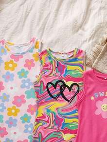 SHEIN 3件套女童碎花可爱夏季连衣裙，休闲度假日常穿着，适合拍照、露营、购物、旅行 - 彩色 - 查看 3