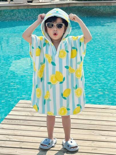 SHEIN Kids Young Boy Cute Cartoon Lemon Print Soft Comfortable Double-Sided Flannel Hooded Swimsuit Cover-Up, Paired With Beach Shorts, Suitable For Spring/Summer Seasons, Outings, Valentine's Day, Dates, Travel, Vacations, Family Gatherings, Back To School, Weddings, Formal Events, Sports, Birthday Parties