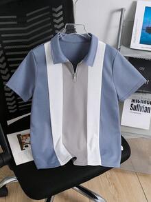 SHEIN 男童短袖 Polo 衫，大童撞色半拉链领 T 恤，大童休闲上衣 - 霧霾藍 - 查看 2