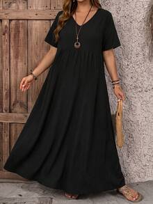 SHEIN CURVE+ Curve Size US22Music Festival, Seaside Vacation, Bohemia Women's Vacation Loose Ditsy Floral V-Neck Short Sleeve BabydollTeacher Dress - Black - View 8