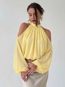 Aloruh Top corto de hombros descubiertos de unicolor elegante - Amarillo - Ver 7