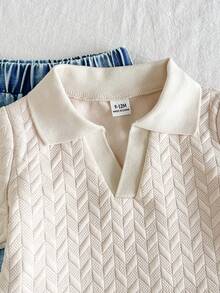 SHEIN Vintaside Kids Bộ đồ cho bé trai gồm áo tay ngắn cổ bẻ và quần jean bạc màu thời trang, thích hợp mặc hàng ngày, đi cắm trại cùng gia đình, ăn uống hoặc mua sắm. - Màu Khaki - Xem 9