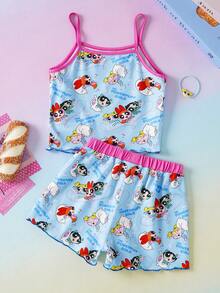 THE POWERPUFF GIRLS X SHEIN 女童字母卡通印花吊带背心和短裤休闲家居服套装 - 淺藍色 - 查看 2
