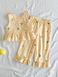 SHEIN Vintaside Kids 女婴春夏休闲乡村度假可爱甜美数码印花无袖吊带背心搭配百搭长裤套装，适合露营度假或日常休闲穿着 - 黃色 - 查看 2