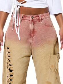 SUMWON WOMEN Denim Macrame Ripped Wide Leg Jeans With Distressed Details And Lace Up Side Detailing Boho Festival Style - Pink - View 4