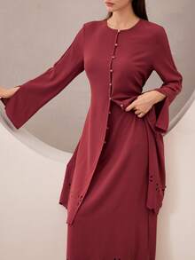 Graceveil Blouse décontractée élégante pour femmes à col rond, coupe laser, ourlet ondulé, manches longues et nœud devant. Couleur unie. - Lie de vin - Voir 7
