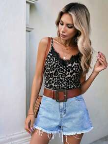 SHEIN LUNE Camiseta de tirantes con cuello en V, estampado de leopardo y encaje en contraste, versátil y de moda, adecuada para el verano - Multicolor - Ver 7