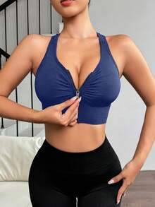 Easithlete Easithlete Bra Olahraga Wanita Warna Polos dengan Lipit dan Resleting di Bagian Depan - Navy Blue - View 6