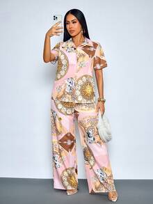 SOLERSUN Conjunto casual de primavera/verano para mujer: Camisa holgada de manga corta con botones y estampado en tono rosa-marrón, con abertura frontal y cintura elástica, y pantalones rectos. - Rosa - Ver 3