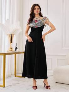 Modelyn 女款法式黑色花卉夏季優雅婚禮賓客洋裝，荷葉邊領口網紗刺繡拼接腰身復古洋裝 - 彩色 - 查看 4