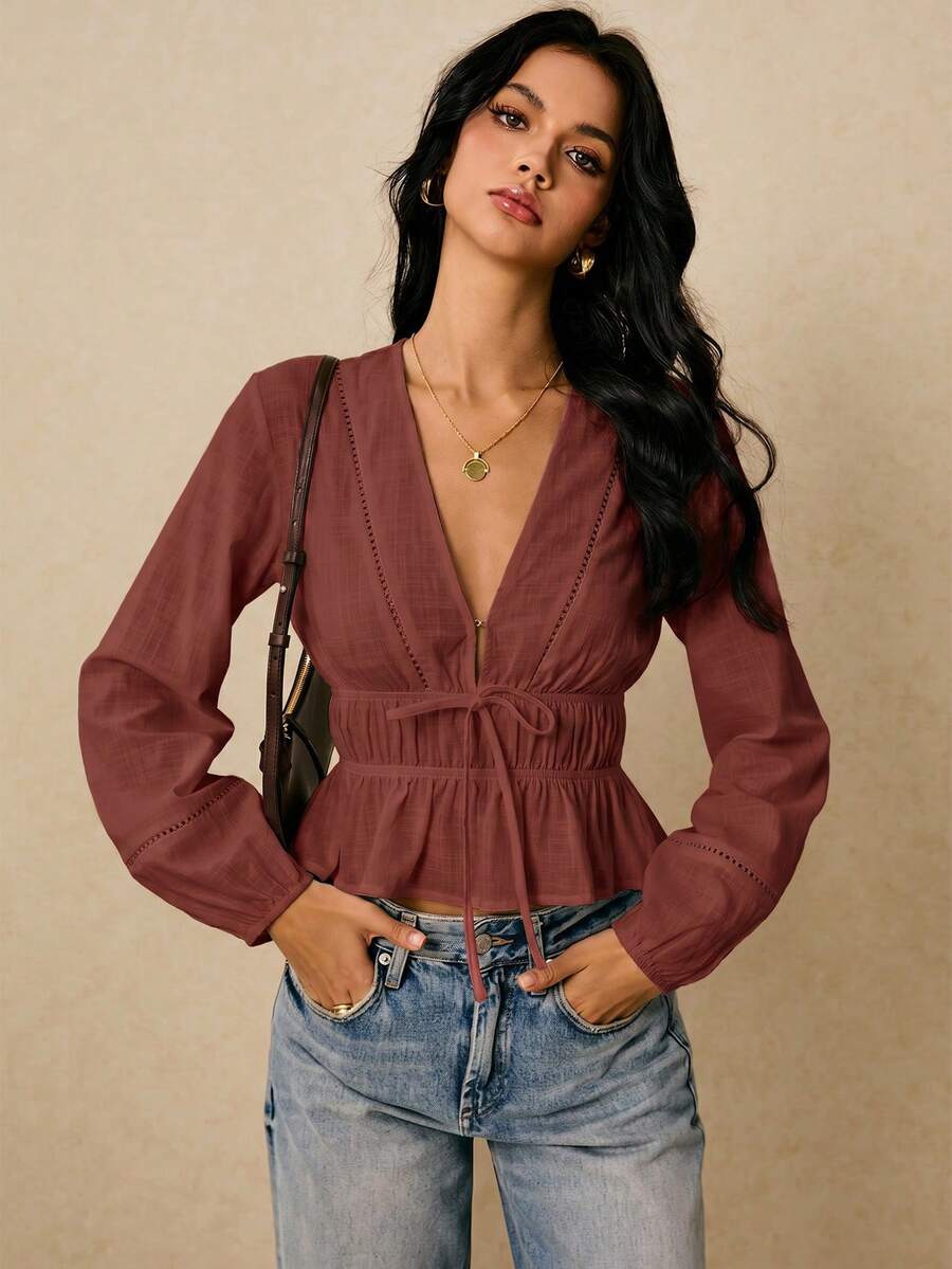 Poéselle Women's Casual Versatile Solid Color Cinched Waist Shirt,Summer Top - Redwood - View 1