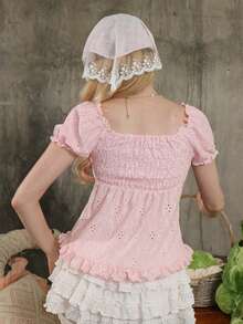 Kawaii Blusa con decoración de lazo en la cintura, estilo princesa Moe, de San Valentín, de primavera/verano, de la colección ROMWE x Elena Katey, para mujeres - Rosa - Ver 2