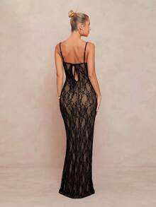 Lumalex Damen Spitze Sexy Taille raffende lange Träger Fishtail Kleid für Partys - Schwarz - Übersicht 2