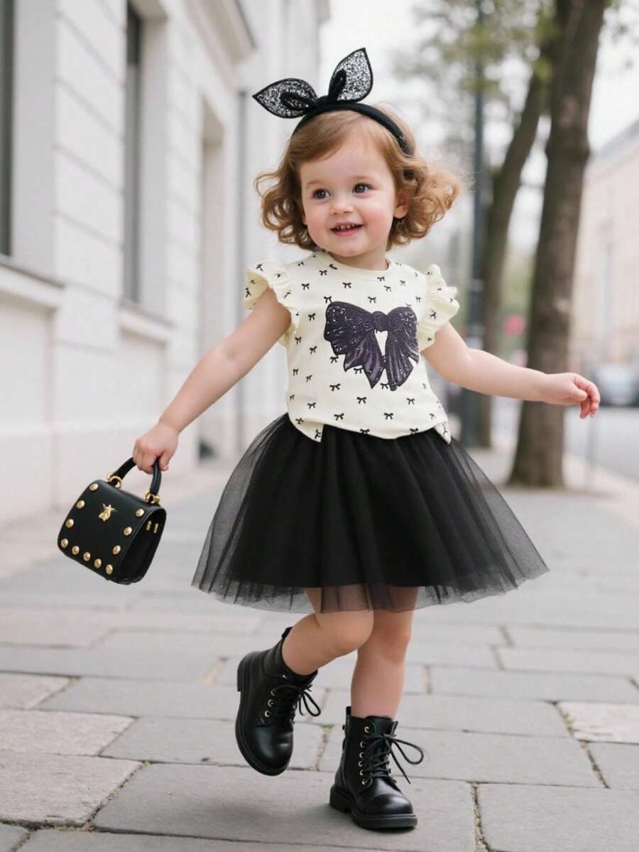 Elladie kids Baby Girl Summer Casual Elegant Bow Tie Print Ruffle Trim Top And Mesh Skirt Set - Apricot - View 1