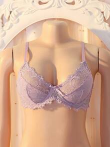 DelicateAllure Lilac Purple Lace Patchwork Underwire Bra, Simple Elegant Refined Graceful Ladies Lingerie - Mauve Purple - View 6