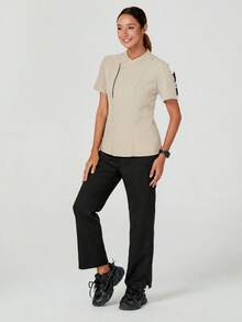 TaskEZ Women's Versatile Contrast Color Button-Up Short Sleeve Work Blouse - Apricot - View 4