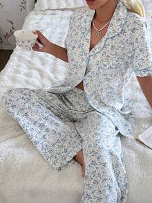 SHEIN 花卉印花翻领短袖睡衣套装 - 淺藍色 - 查看 1