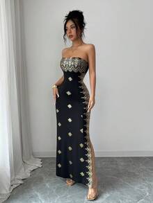 SHEIN Raffinéa 时尚高端紧身金色箔片无袖性感抹胸连衣裙，适合女士春夏穿着，可作度假、外出、Y2K风格、春季、夏季、返校季、休闲、海滩、商务等场合，百搭时尚，亦可作黑色连衣裙或金色箔片连衣裙。 - 黑色 - 查看 5