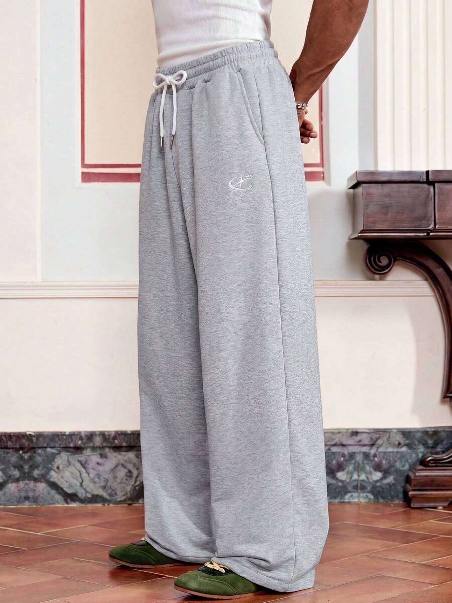 SWAVVY Men's Casual Loose Sweatpants, Standard Size, Grey With Embroidery, Suitable For Spring And Autumn - Grey - View 1