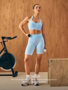 GLOWMODE Quần short biker cạp cao ôm sát, siêu mềm mại, không đường may, dài 5 inch, nâng mông, hai lớp, che phủ toàn bộ đùi, thích hợp cho tập luyện mùa hè, tập gym, studio và mặc hàng ngày. - Màu xanh lam - Xem 4