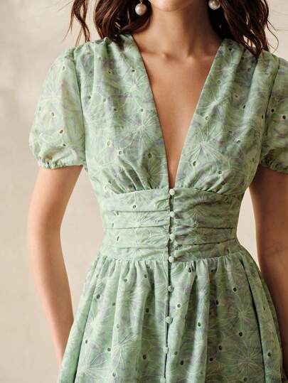 Aveloria Rosie Cardigã feminino de primavera/verão com estampa tie-dye, bordado vazado, decote em V, pregas decorativas nas costas e mangas bufantes. Estilo romântico, elegante, vintage, floral, perfeito para férias na praia ou no jardim.
