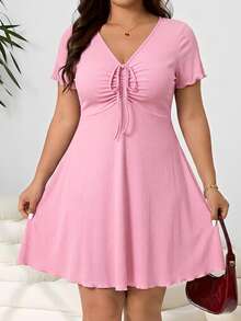 Solflare Plus Size Women's Pink Front Tie Short Sleeve Casual Dress, Spring/Summer - Pink - View 5