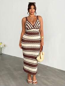 Firerie Plus Size Women Vacation Striped Bodycon Sexy Spaghetti Strap Knit Dress Fall - Coffee Brown - View 5
