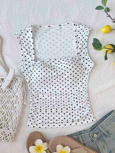 SHEIN Teen Girls Casual Elegant White Knit Polka Dot Print Ruched Bust Sweet Cute Raglan Sleeve T-Shirt, Back-To-School Outfit