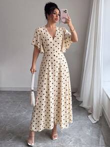 Elenzga Đầm midi dáng chữ A cổ chữ V, thắt eo, cài cúc ở gấu váy, xẻ tà, tay phồng, màu mơ chủ đạo phối chấm bi lớn màu nâu cà phê lãng mạn, phong cách Pháp thanh lịch cổ điển, trang trọng, công sở, đi làm, đi biển, nghỉ lễ, phong cách miền Tây, tối giản, đa năng, thời trang dự tiệc trà chiều, thoải mái, phong cách Boho mùa xuân/hè. - Màu be - Xem 6